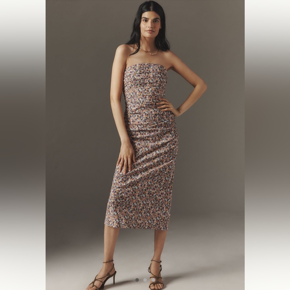 NWT Anthropologie Soleil Magic Fabric Strapless Ruched Midi Dress